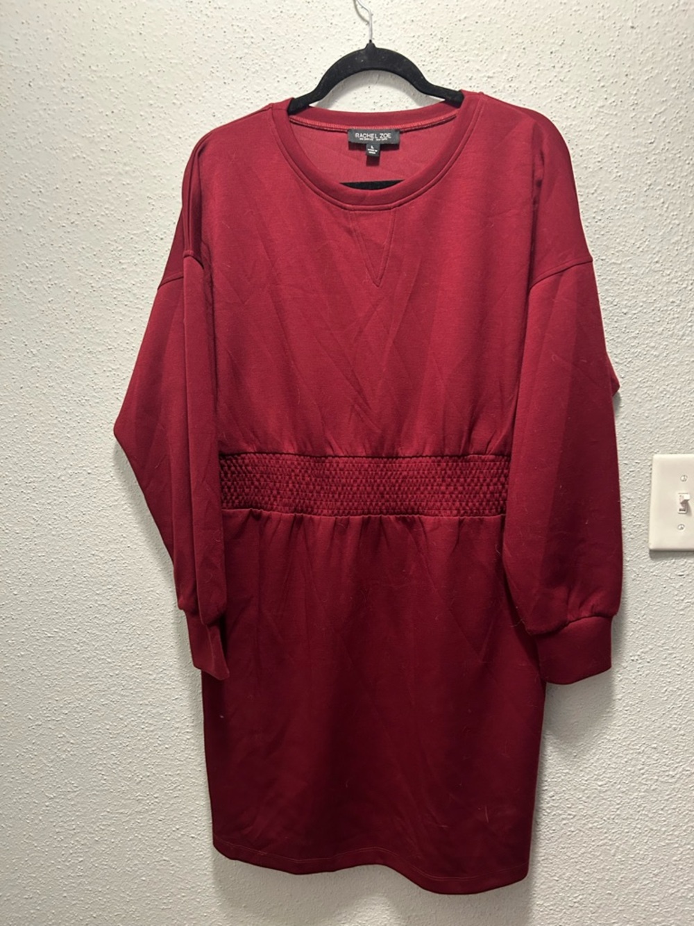 Rachel Zoe Burgundy Smocked-Waist Long Sleeve Dress